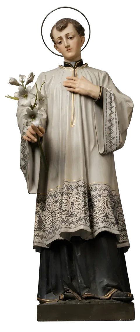 St Aloysius Gonzaga statue with a halo, holding white lilies and his hand on his heart, in a grey surplice with a black lace border, natural finish