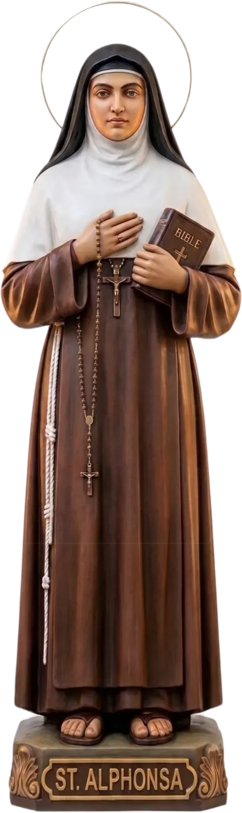 St Alphonsa statue with a halo, her hand on her heart holding a long rosary, and a Bible in the other arm, natural finish