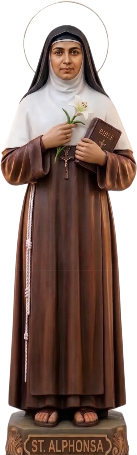 St Alphonsa statue with a halo, holding a white lily and a Bible, a crucifix on her brown habit, natural finish