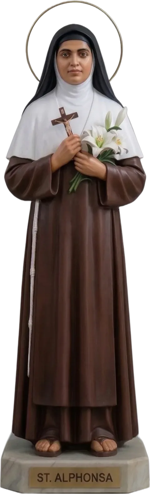 St Alphonsa statue with a halo, holding a crucifix and white lilies, in a brown habit on a marble base, natural finish