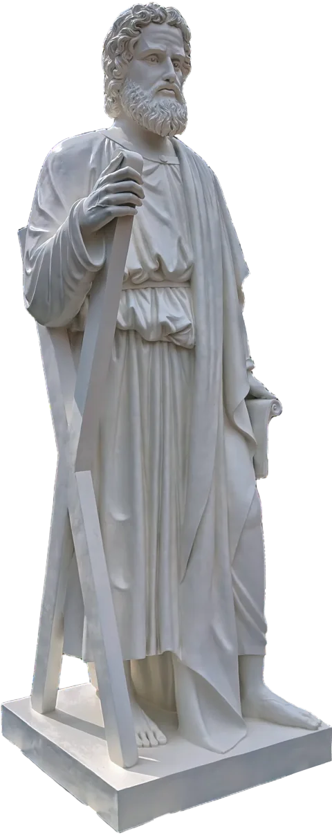 St Andrew the Apostle statue with the beam of his cross and a scroll, 11-foot stone finish apostle made for Gunadala Matha Shrine, Vijayawada