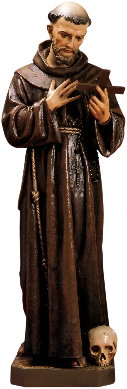 St Francis of Assisi statue gazing at the cross in his hands, a skull at his feet, in a brown habit with the knotted cord, natural finish
