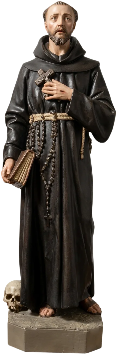 St Francis of Assisi statue holding a cross to his heart and a book, a long rosary at his cord and a skull at his feet, in a dark habit, natural finish