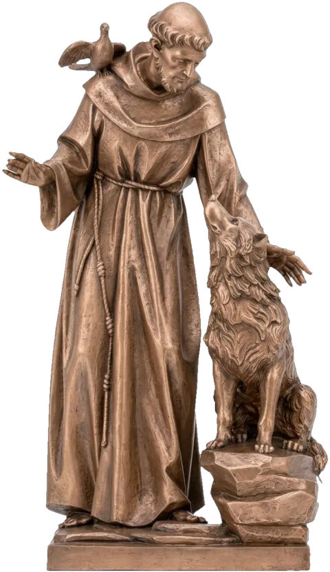 St Francis of Assisi statue with the wolf of Gubbio sitting on a rock beside him and a dove on his shoulder, in a single bronze tone, monotone finish
