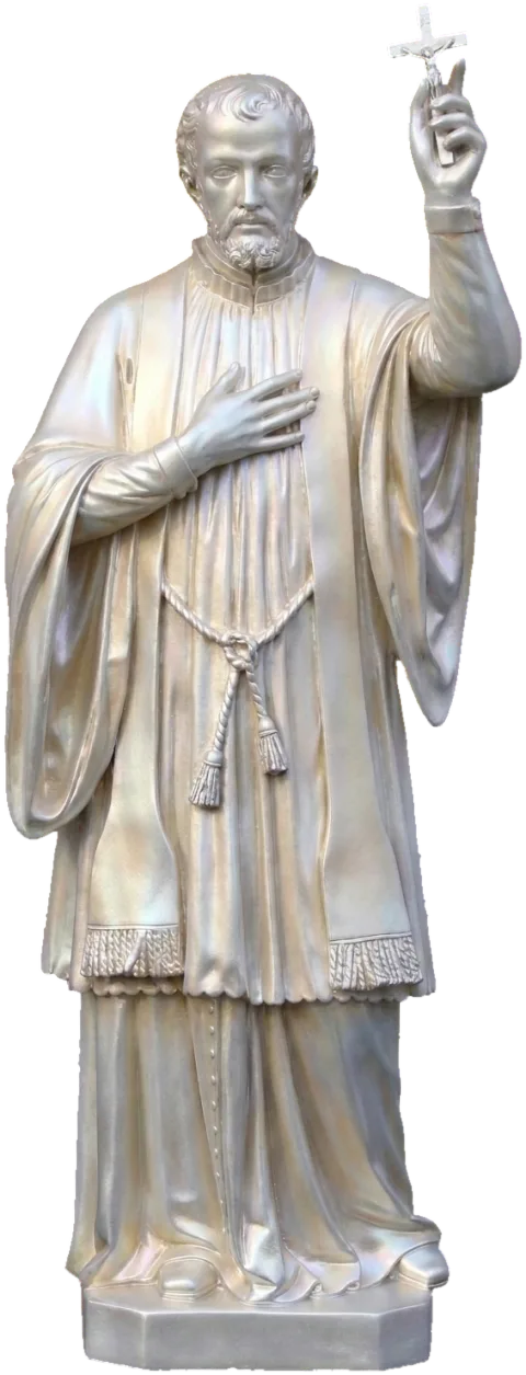 St Francis Xavier statue with his hand on his heart, raising a small crucifix, in a single pearl tone, monotone finish
