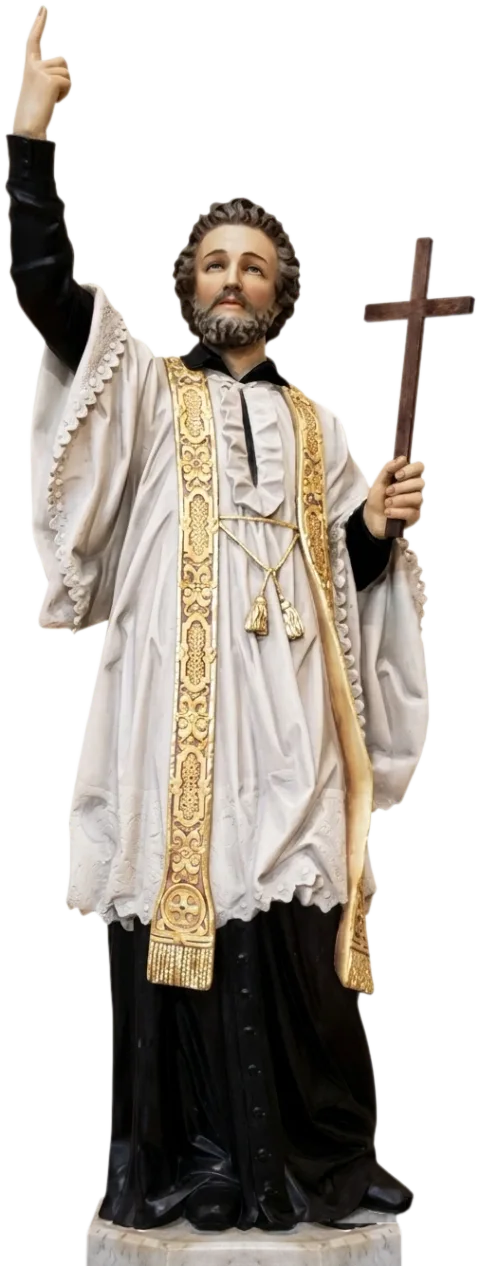 St Francis Xavier statue pointing to heaven and holding a wooden cross, in a white surplice with a gold stole over a black cassock, natural finish