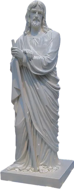 St James the Less apostle statue leaning on his staff with his hands crossed, 11-foot stone finish made for Gunadala Matha Shrine, Vijayawada