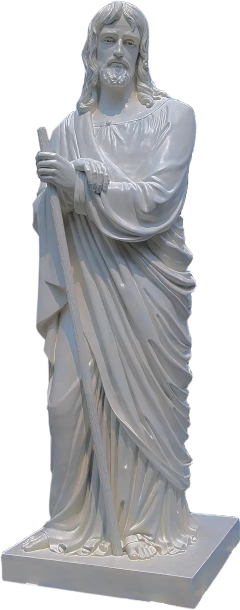 St James the Less apostle statue leaning on his staff with his hands crossed, 11-foot stone finish made for Gunadala Matha Shrine, Vijayawada