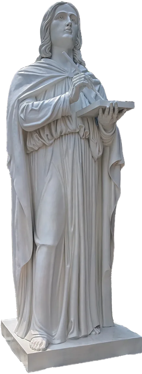 St John the Apostle statue holding a book and pen, 11-foot stone finish apostle made for Gunadala Matha Shrine, Vijayawada