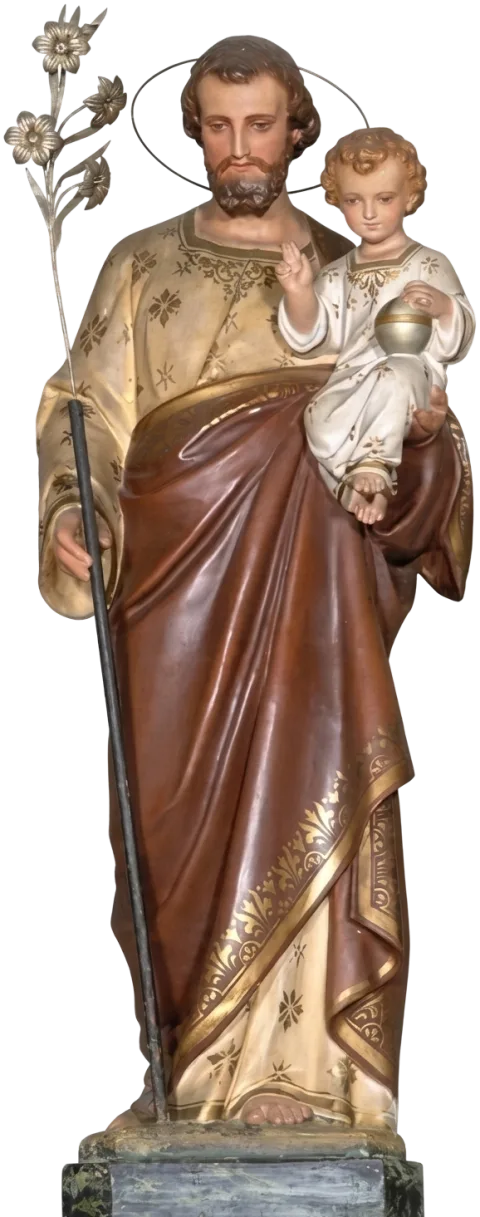 St Joseph statue in brown and gold, holding the Child Jesus and lilies