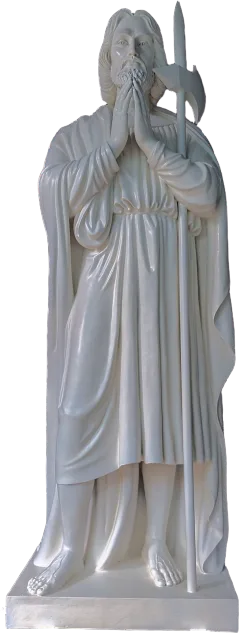 St Jude Thaddeus the Apostle statue in prayer with a halberd, 11-foot stone finish apostle made for Gunadala Matha Shrine, Vijayawada