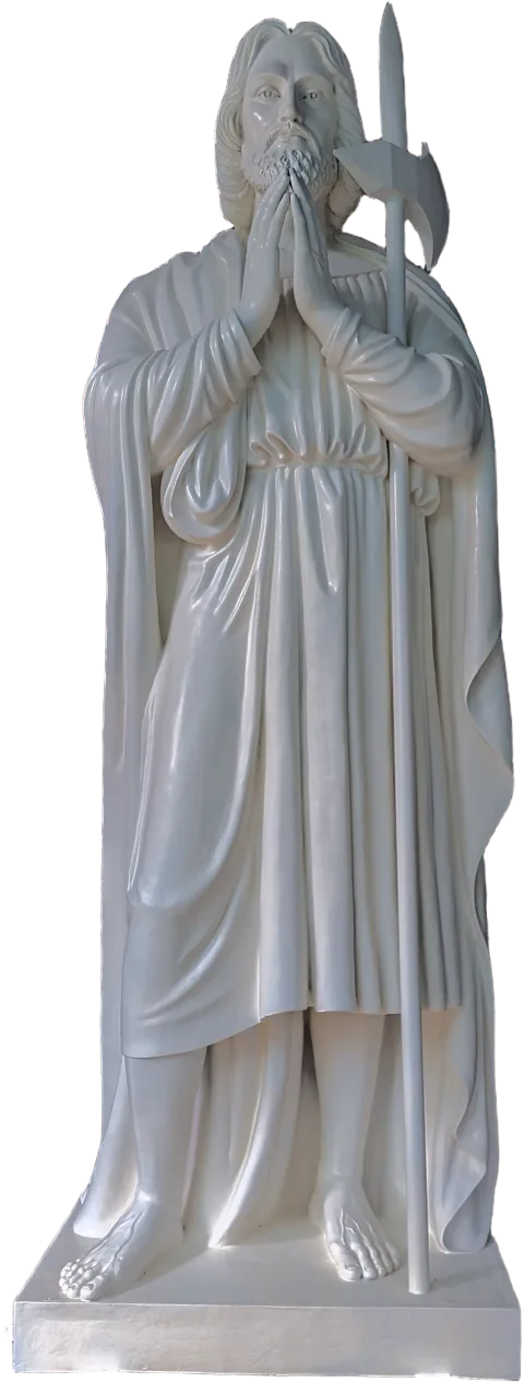 St Jude Thaddeus the Apostle statue in prayer with a halberd, 11-foot stone finish apostle made for Gunadala Matha Shrine, Vijayawada