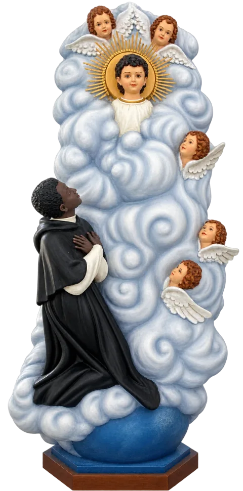 St Martin de Porres and the Divine Babe statue, kneeling in prayer among clouds and angels