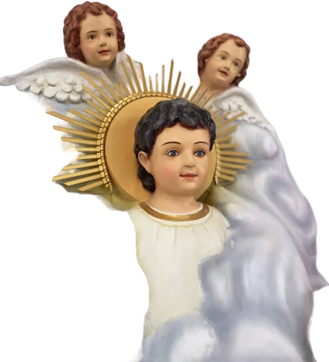 The Divine Babe in a golden halo with two angels among the clouds, close up of the St Martin de Porres statue group made for St Martin de Porres Church, Belvai