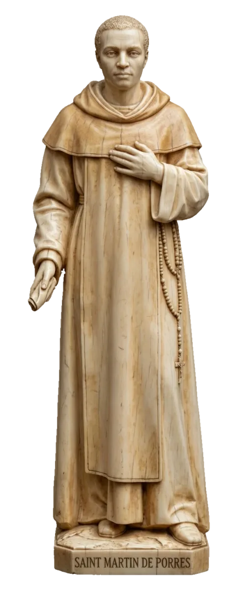 St Martin de Porres statue standing with his hand on his heart, a rosary at his side and a scroll in his hand, in ivory finish