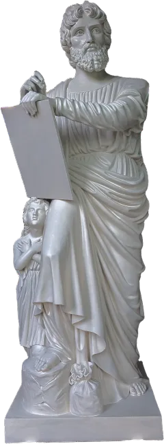 St Matthew the Apostle statue with a writing tablet and an angel at his side, 11-foot stone finish apostle made for Gunadala Matha Shrine, Vijayawada