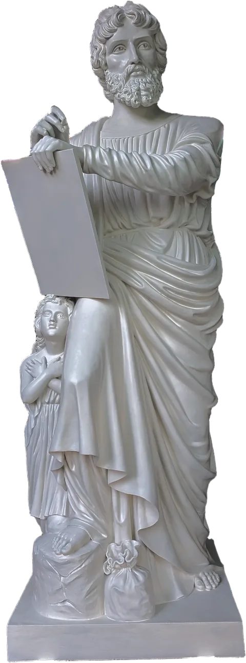 St Matthew the Apostle statue with a writing tablet and an angel at his side, 11-foot stone finish apostle made for Gunadala Matha Shrine, Vijayawada