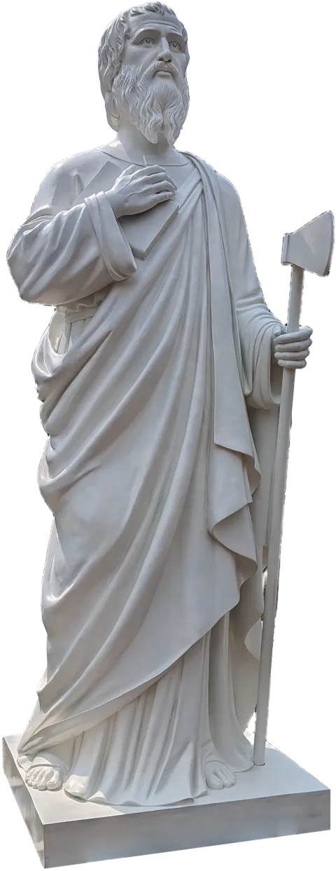 St Matthias the Apostle statue with an axe and his hand on his chest, 11-foot stone finish apostle made for Gunadala Matha Shrine, Vijayawada