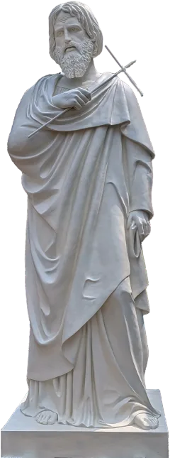 St Philip the Apostle statue holding a cross across his body, 11-foot stone finish apostle made for Gunadala Matha Shrine, Vijayawada