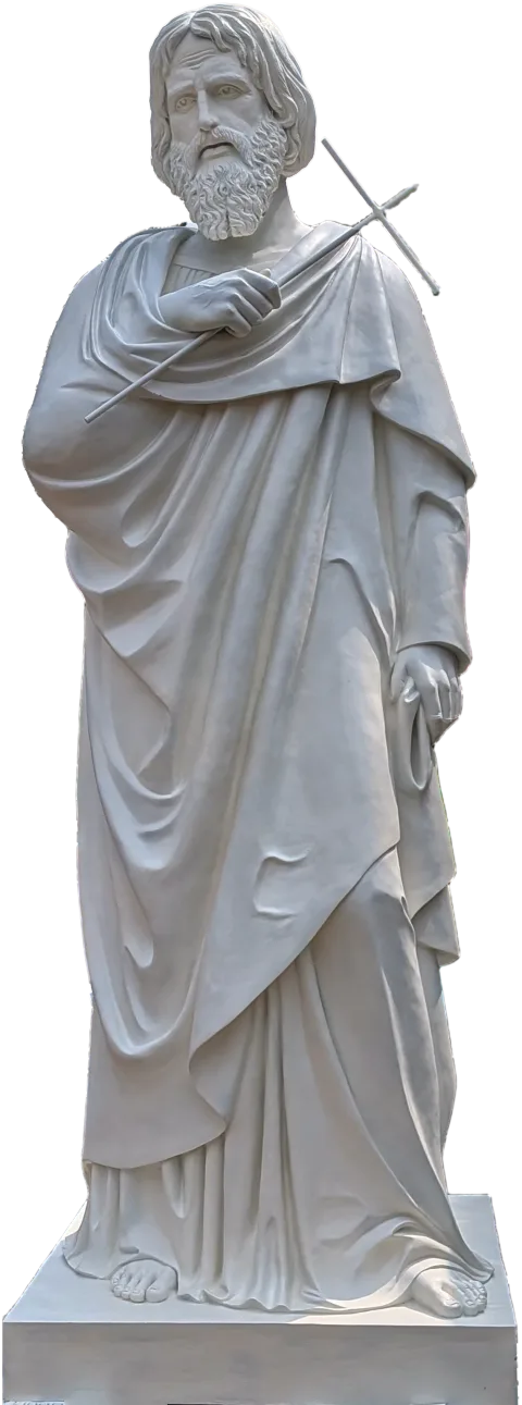St Philip the Apostle statue holding a cross across his body, 11-foot stone finish apostle made for Gunadala Matha Shrine, Vijayawada