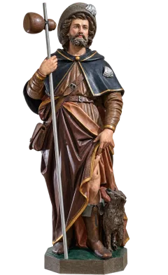 St Roch statue with pilgrim staff and dog, natural finish