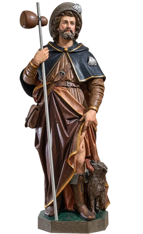 St Roch statue with pilgrim staff and dog, natural finish
