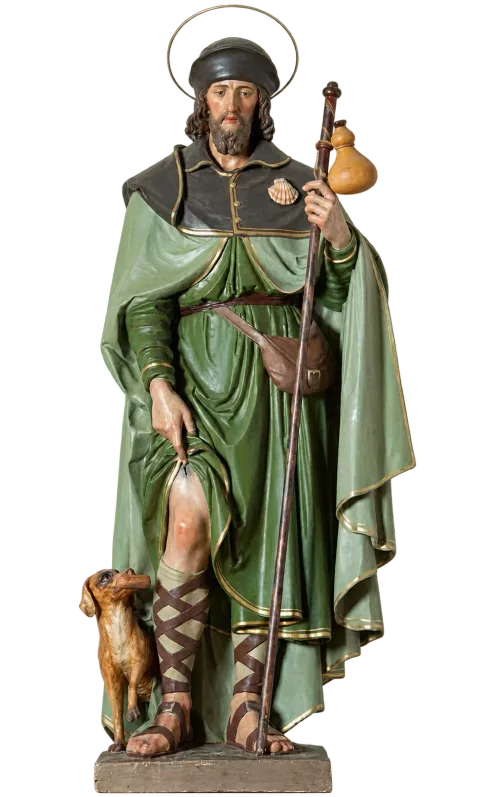 St Roch statue with pilgrim staff, gourd and dog, in a green cloak and dark cape with a scallop shell on his shoulder, natural finish