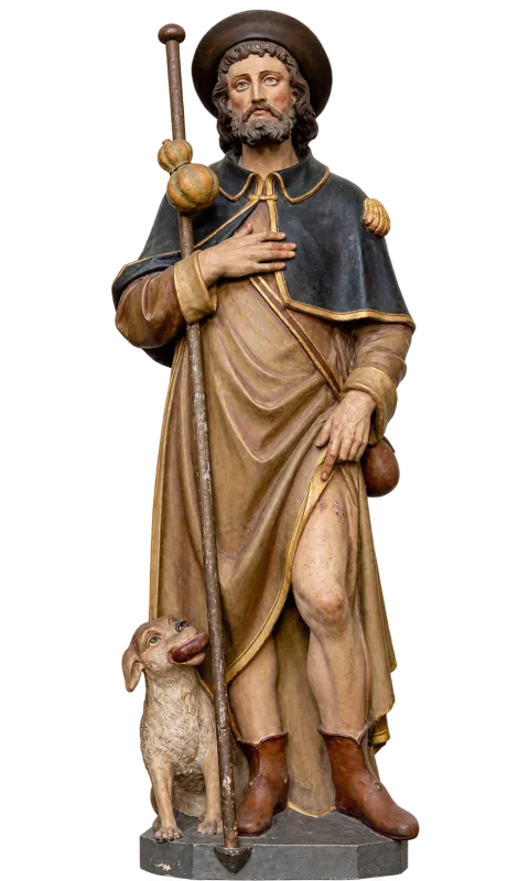 St Roch statue with pilgrim staff, gourd and dog, in a tan robe and black cape edged with gold, natural finish