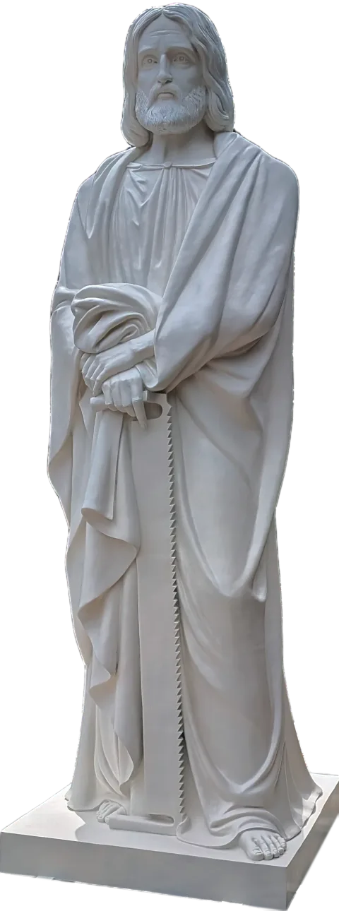 St Simon the Apostle statue holding the saw of his martyrdom, 11-foot stone finish apostle made for Gunadala Matha Shrine, Vijayawada