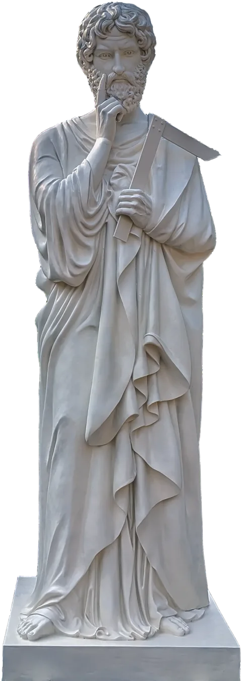 St Thomas the Apostle statue with a builder’s square and his hand at his chin, 11-foot stone finish apostle made for Gunadala Matha Shrine, Vijayawada
