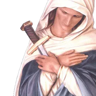Our Lady of Sorrows, her hands crossed on her breast and a sword through her heart: detail of a Simon Art Co. statue