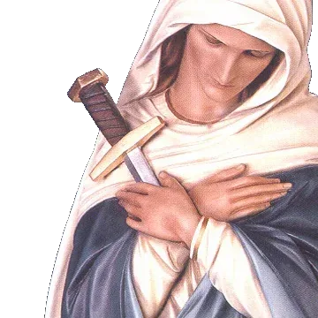 Our Lady of Sorrows, her hands crossed on her breast and a sword through her heart: detail of a Simon Art Co. statue